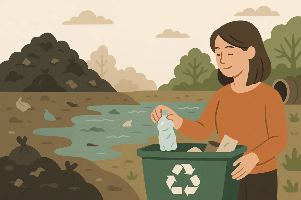 caricatura de una mujer practicando el reciclaje en casa